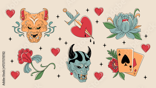 Old school color tattoo set isolated on background. Vector illustration of devil head with sharp teeth, bleeding heart stabbed by vintage dagger, scary dog icon, gothic flowers, ace cards, black stars