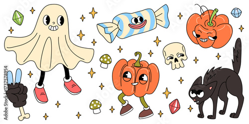Retro Halloween icons isolated on white background. Vector illustration of groovy pumpkin, ghost, zombie hand, black cat, skull mascots with faces, holiday treats and stars, spooky holiday characters