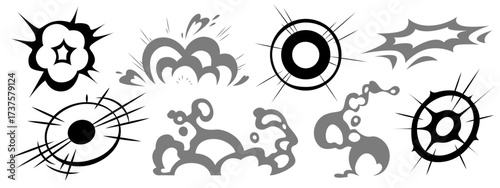 Manga style explosion effects set isolated on white background. Vector illustration of black anime boom clouds, dust and smoke puff, abstract motion speed circles, retro bomb blast, bang pattern