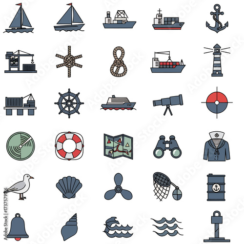 Vibrant collection of nautical and maritime icons representing sea travel, navigation, and marine life for diverse commercial projects.
