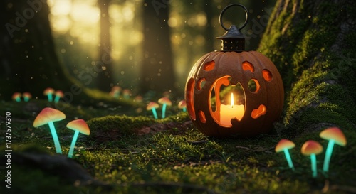 Enchanting Lantern in a Mystical Forest: A jack-o'-lantern casts a warm, inviting glow amidst a magical forest. Glowing mushrooms dot the mossy ground. 