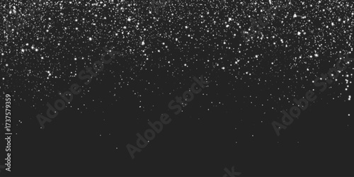 Silver glitter shimmering on black background. Vector realistic illustration of glowing white sparkles, shiny confetti falling, festive holiday particles spray effect, magic Christmas snowy decor