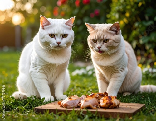 british shorthair cat with chicken