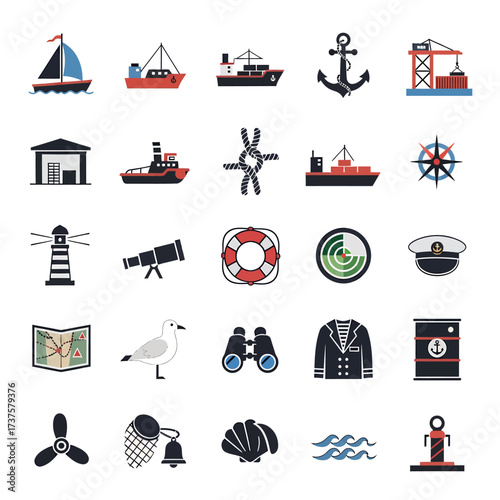 Vibrant collection of nautical and maritime flat icons representing sea transport, navigation, and marine life for your projects

