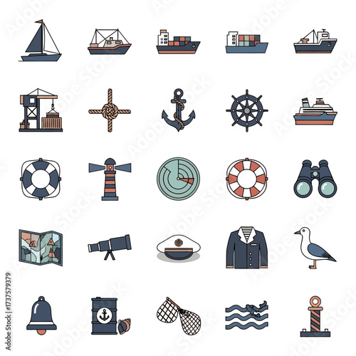 Discover the vast world of maritime adventure with this collection of nautical icons depicting ships, anchors, lighthouses, and seafaring essentials for your next project.
