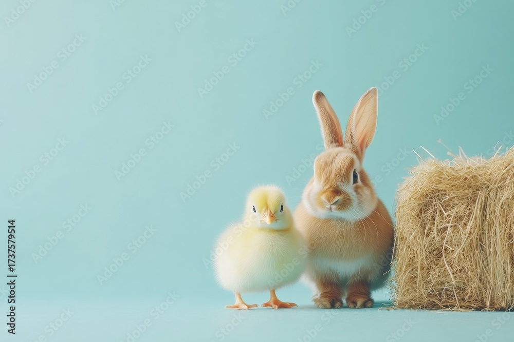 Obraz premium Bunnies and duckling beside hay bale 