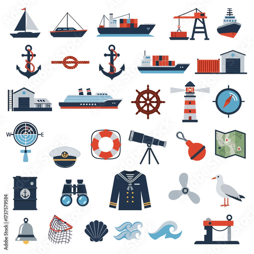 Discover a vibrant collection of nautical and maritime icons perfect for marine industry branding, travel promotions, and ocean adventure themes.
