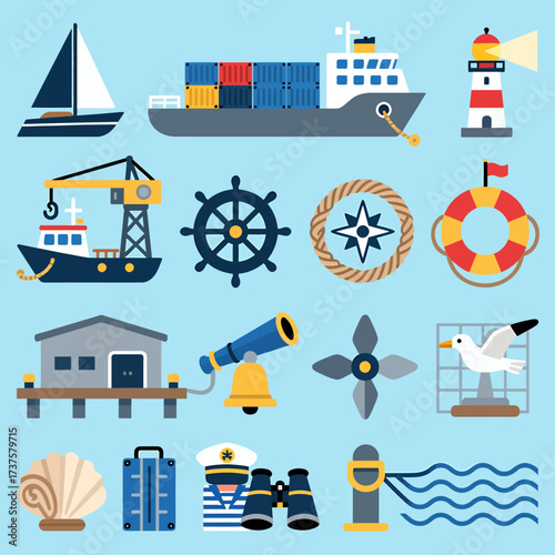 Vibrant nautical icons set featuring ships, lighthouses, marine equipment, and seafaring elements for a dynamic maritime theme.
