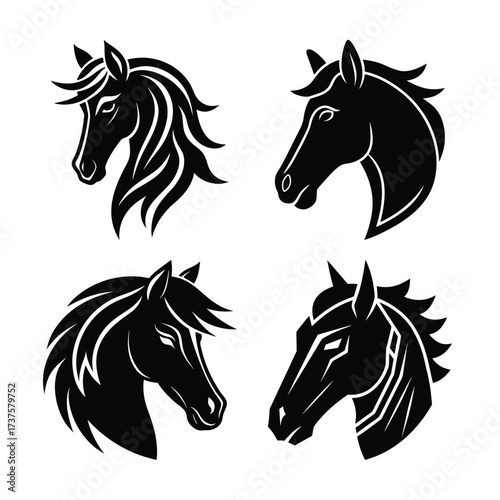 Vector art of set of four black horse head graphics with flowing manes