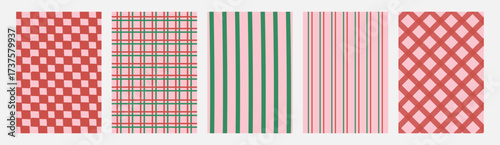 Retro whimsical Christmas backgrounds set with distorted checkerboard, plaid, vertical stripes, and lattice patterns. Festive geometric textures for holiday invitations, crafts. Vector illustration.