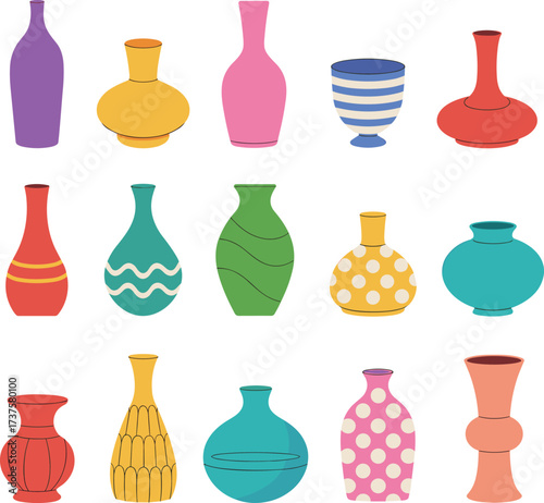 Collection of colorful decorative vases, ceramic pottery, modern home decor set, abstract vase shapes, stylish flat vector illustration design