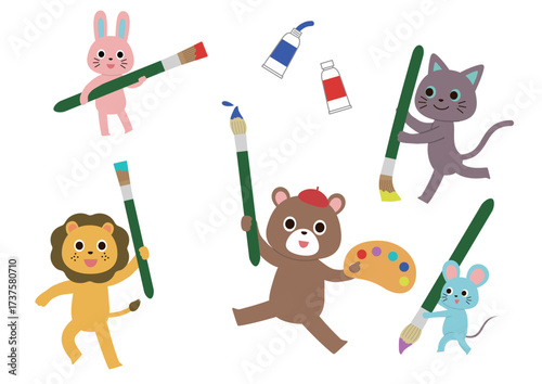 絵の具でお絵描きをするかわいい動物たち