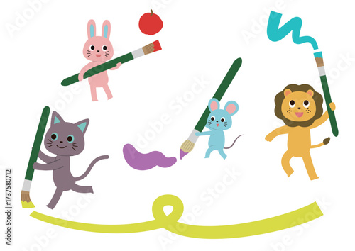 絵の具で楽しそうにお絵描きをしているかわいい動物たち