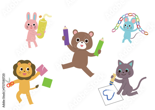 いろんな工作に取り組んでいるかわいい動物たち