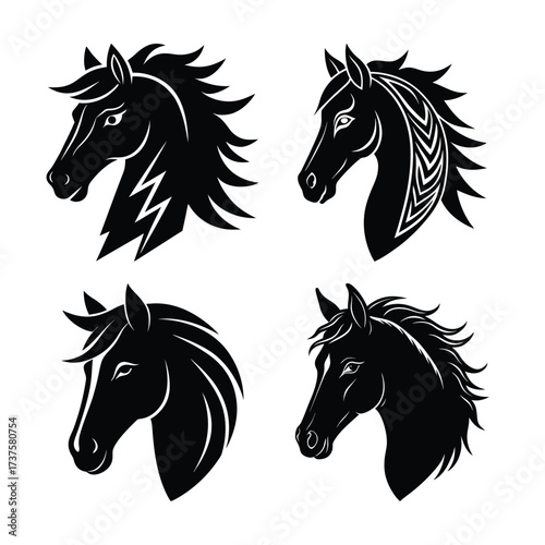 Vector art of four black horse head silhouettes with different mane styles