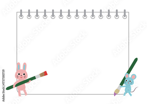 絵筆をもったうさぎとねずみとスケッチブックのフレーム