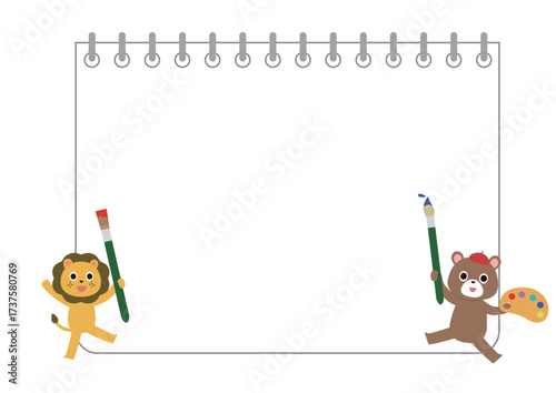 絵筆をもったライオン・くまとスケッチブックのフレーム素材