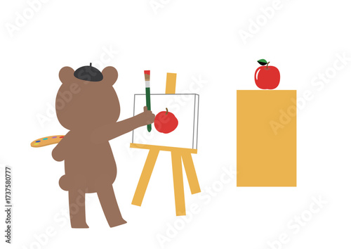 りんごの絵をキャンバスに描いているくまさん
