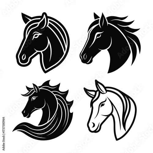 Vector art of set of four stylized horse head illustrations in black and white