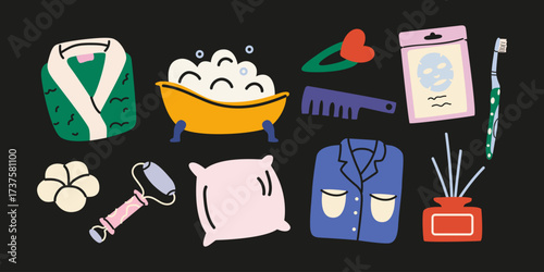 Night beauty routine cartoon stickers in retro groovy style. Doodle self-care elements, pajamas, bathrobe, bathtub, cosmetics and home decor. Vector illustration for relaxation and beauty themes