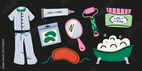 Night beauty routine cartoon stickers in retro groovy style. Doodle self-care elements, pajamas, bathrobe, bathtub, cosmetics and home decor. Vector illustration for relaxation and beauty themes