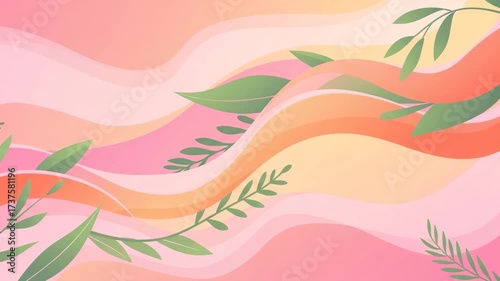 Abstract Pink Waves with Green Leaves - A Serene Background.