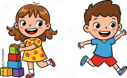 Cartoon children playing, girl stacking colorful blocks, boy running happily, educational activity, preschool learning, childhood fun, kindergarten illustration, playful kids