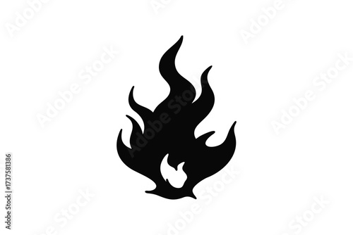 A stark black silhouette of a stylized flame with flickering dynamic shapes against a white background silhouette