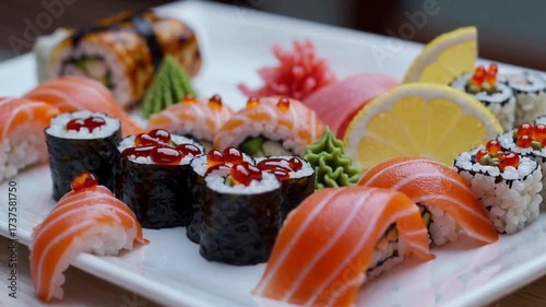 Close-up of a delicious and colorful assorted sushi platter featuring salmon nigiri, maki rolls with red caviar, wasabi, pickled ginger, and lemon on a white plate.