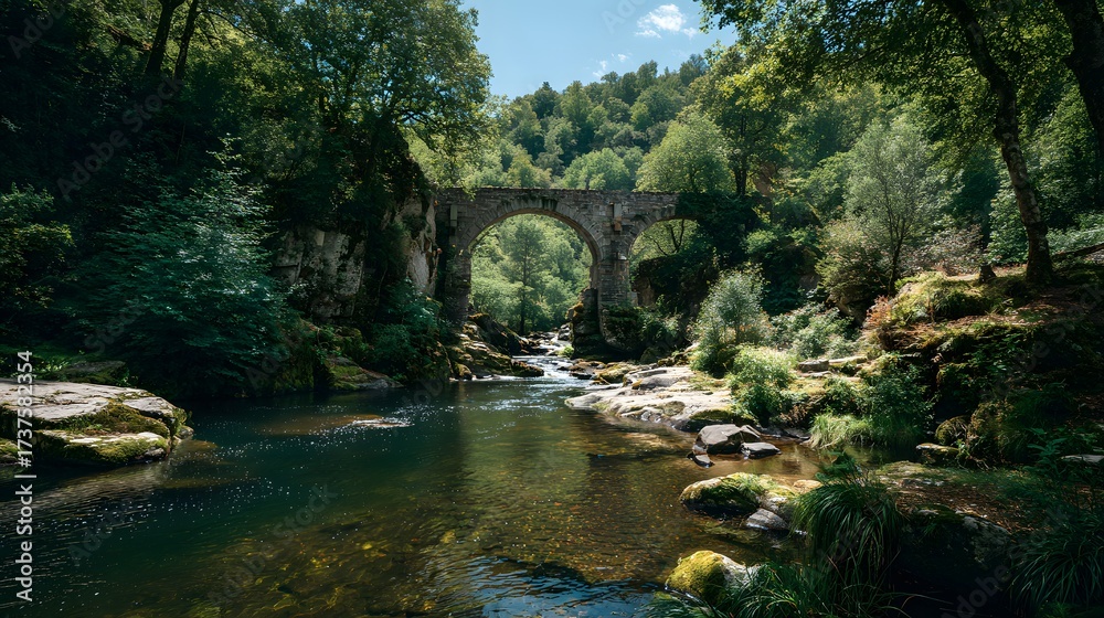 Fototapeta premium Tranquil scene depicting a stone bridge with archways gracefully spanning a flowing river, the water reflects a verdant landscape of lush, vibrant green foliage and trees, offering a serene ambiance.