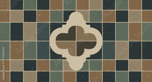 Ornate decorative tile pattern with a light beige center design on a dark brown and green checkered background.