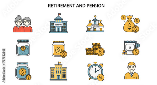 Retirement and Pension Icons for Financial Planning and Savings.