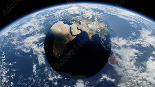 Majestic, hyperrealistic spherical earth with swirling white clouds over deep blue oceans rotates serenely, crisply defined against black space. Global overview concept