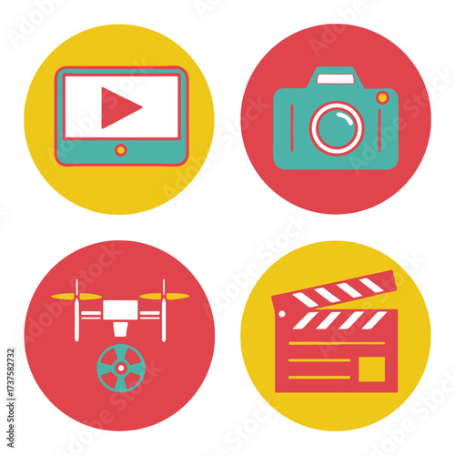 Digital media icons photography videography drone filmmaking content creation technology set 