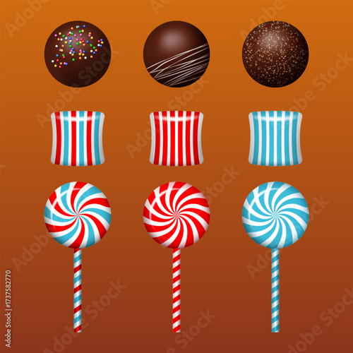 Set of colored lollipops and chocolate bonbons