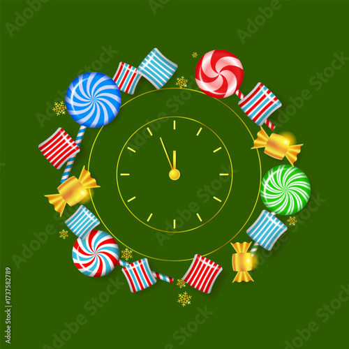 Realistic clock and sweets as frame