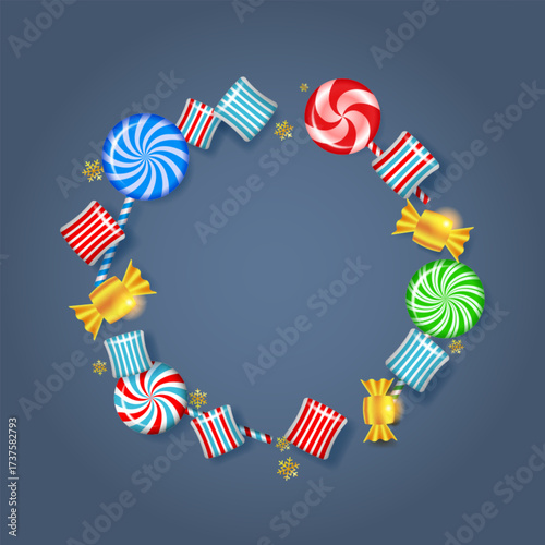 Sweets in golden wrappers and striped lollipops