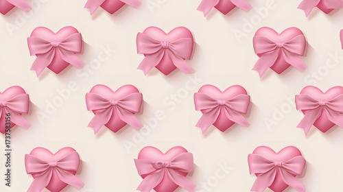 Repeating pattern of soft pink hearts adorned with delicate bows on a neutral cream background creates a whimsical design.