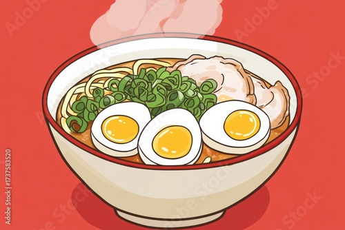 Spicy ramen with steam and toppings
