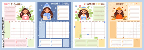 Seasonal Female Planner with Cute Girl. Winter, Spring, Summer and Autumn Organizer for grid Calendar Month, To-Do list and Note, memo. Vector Vertical printable Template. Kids collection. Not AI