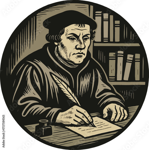Iconic Portrait of Martin Luther Writing with Quill