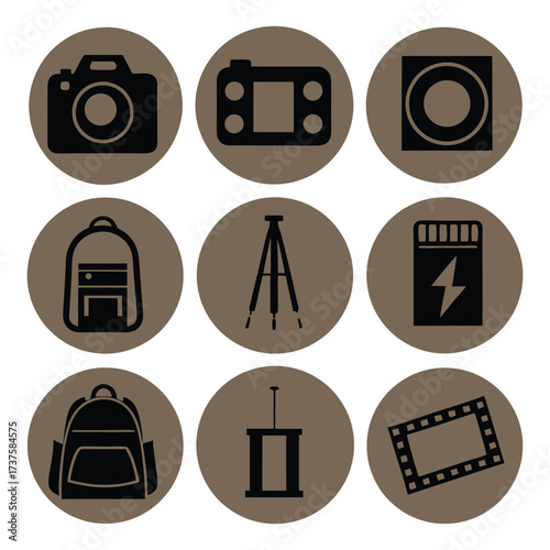 Photography and videography icons set camera tripod film reel backpack and flash elements