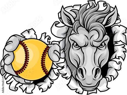 Horse mustang bronco stallion baseball softball angry sports team mascot holding a ball.