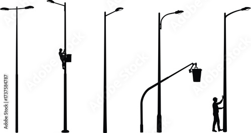 Street light poles with workers repairing lamps using bucket lift and climbing for urban electricity maintenance vector silhouette infrastructure illustration.