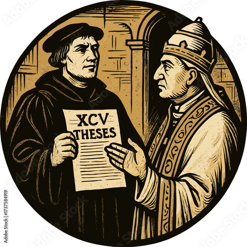 Happy Reformation Day vector illustration. Martin Luther presenting the 95 Theses to the Pope, symbolizing the beginning of the Protestant Reformation. Medieval woodcut style illustration