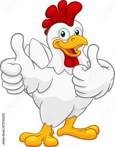 A chicken cartoon rooster cockerel character mascot giving a thumbs up.