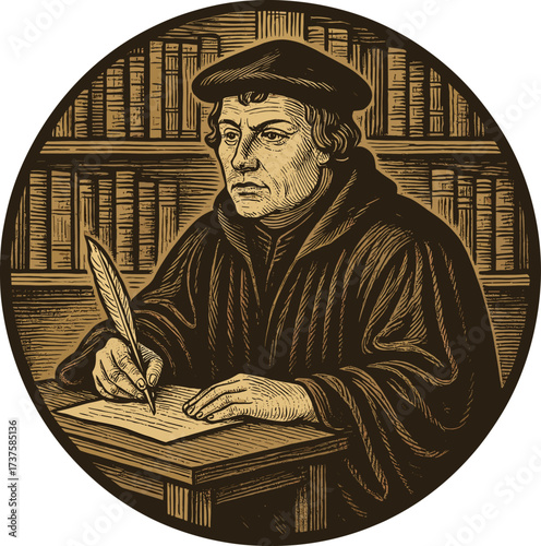 Happy Reformation Day vector illustration. Martin Luther writing with a quill at a wooden desk in a library. Medieval engraving style artwork for historical and religious themes