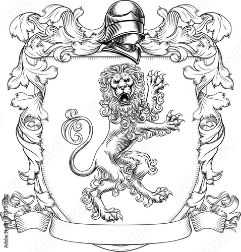 A lion coat of arms or crest family heraldry medieval heraldic knight shield with helmet and acanthus filigree scroll ornament in a vintage woodcut style.