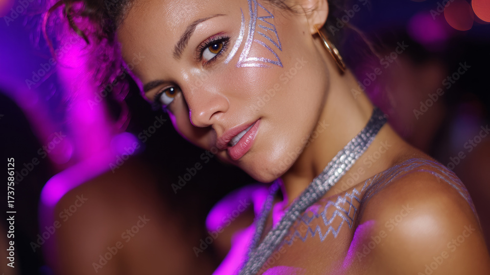 Obraz premium Glamorous woman with face paint enjoying a night party vibe.
