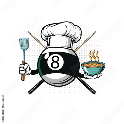 A billiard ball chef mascot serving hot soup with crossed billiard cues for a restaurant.